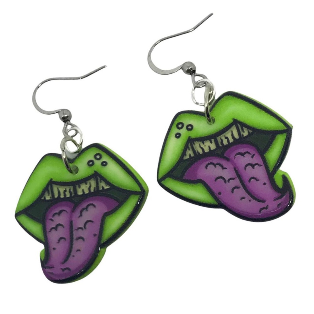 Cheeky Zombie Mouth Acrylic Earrings. Goth horror gothic new